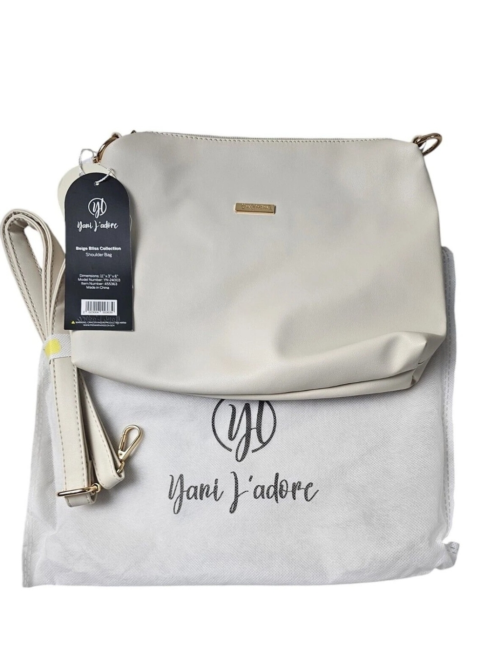 Yani j'adore Bliss Crossbody Shoulder Strap Clutch Purse Beige Gold Hardware 11"